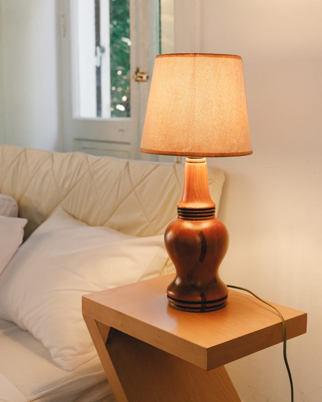Turned wood table lamp small